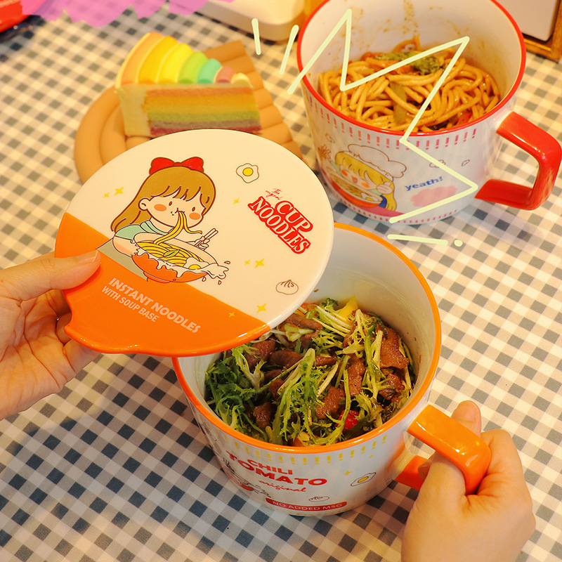 Meal Prep Soup - 漫画風インスタントラーメンボウル 蓋付き 950ml サラダボウル セラミックスープハンドルカップ 学生
