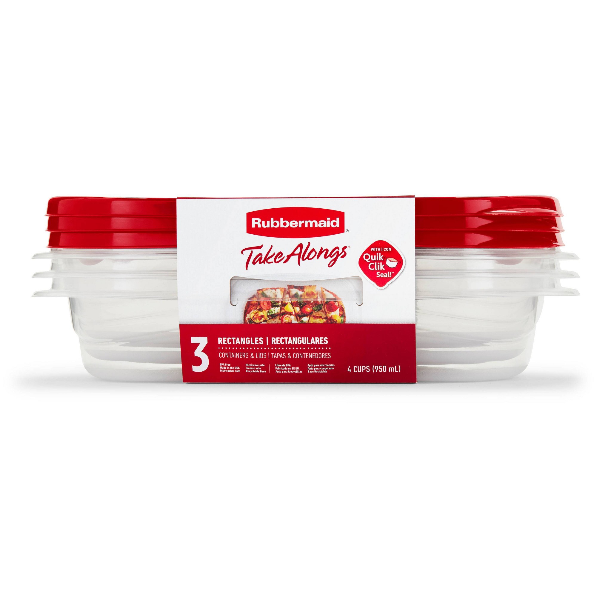 Meal Prep Lunch Boxes - 赤い長方形の食品保存容器3個（蓋付き）、4カップ用の再利用可能な食事準備ボックス（キッチンやランチ用）