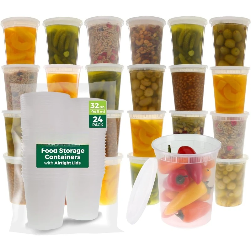 Meal Prep Soup - ふた付きプラスチックデリ容器、スライム、スープ、食事準備容器、電子レンジ食器洗い機、冷凍庫金庫、24セット、8オンス-32オンス