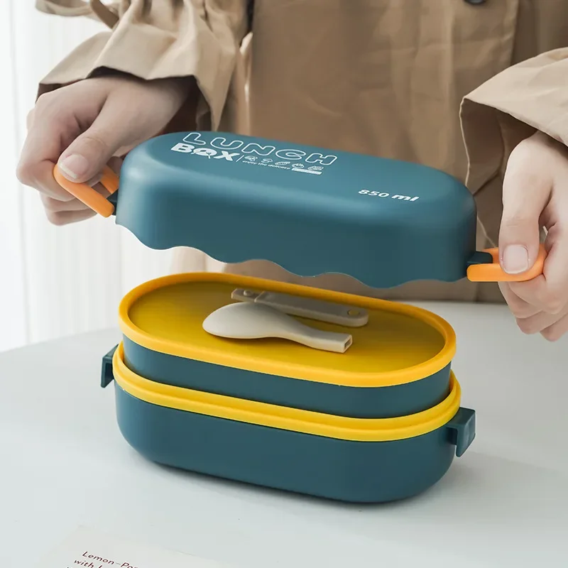 Meal Prep Lunch Boxes - スプーンバックル付きの2層プラスチックコンパートメント弁当箱、漏れ防止食品貯蔵容器、密閉ピクニックボックス、850ml