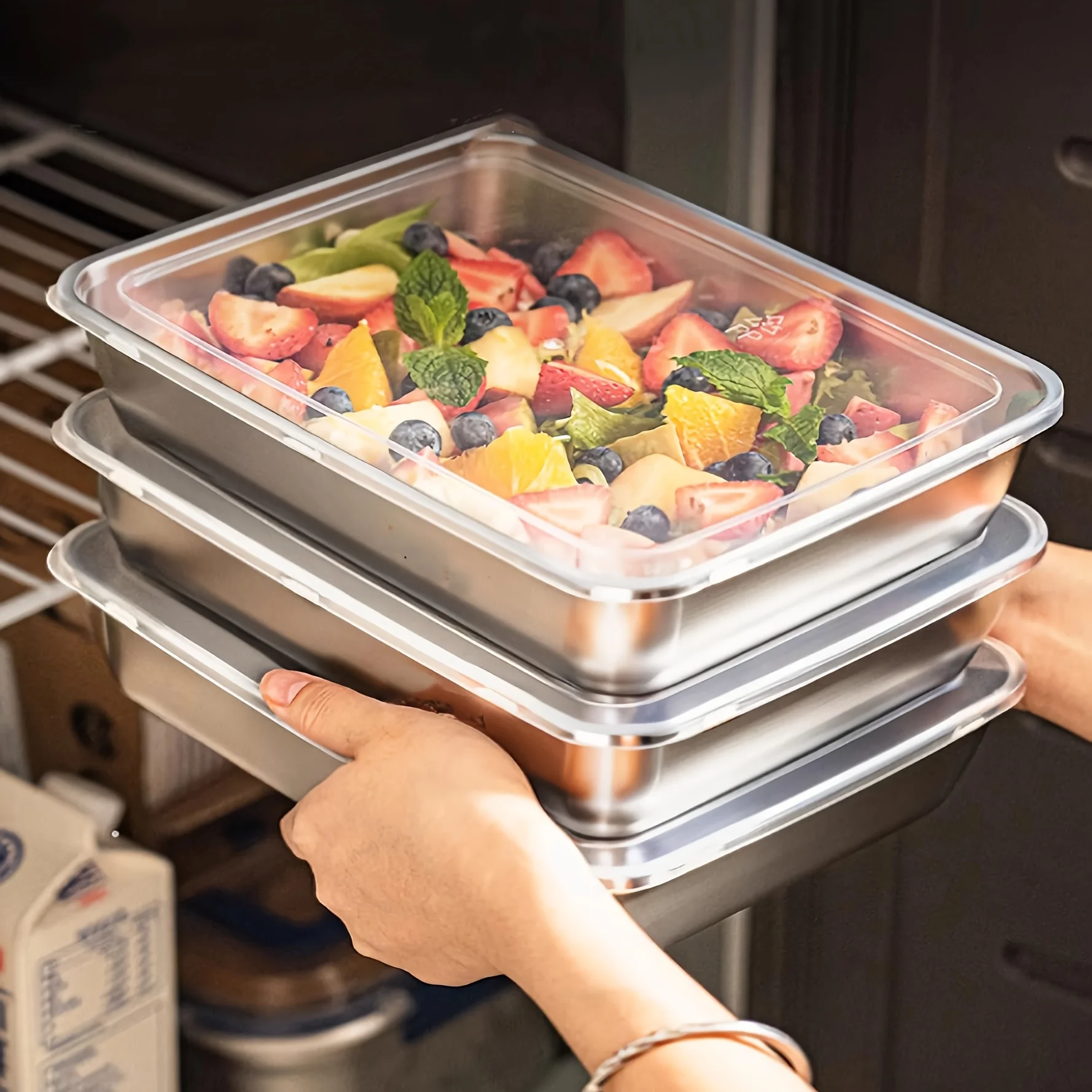 Meal Prep Lunch Boxes - 3個入りステンレス製食品容器＆ランチボックス、漏れ防止スタッカブルクリア蓋、キッチン用品とキャンプ用アクセサリー