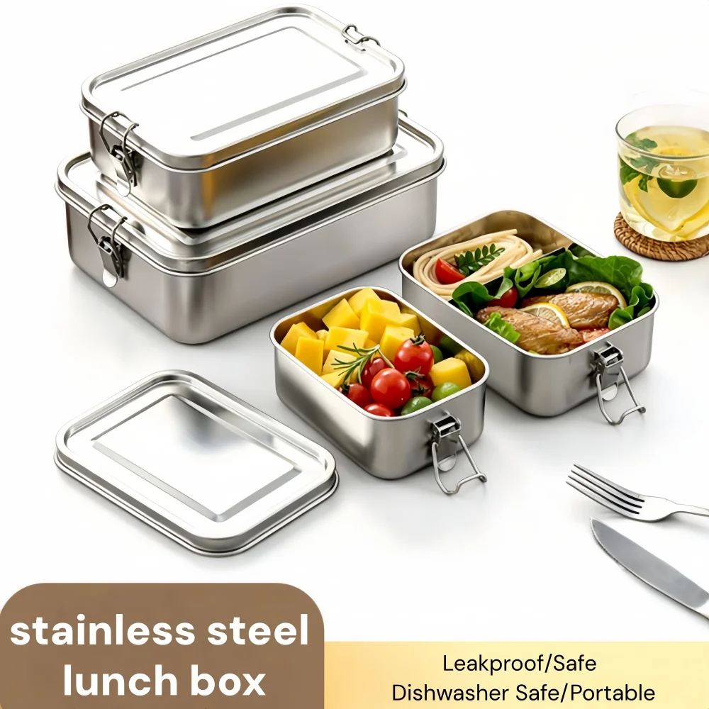 Meal Prep Lunch Boxes - 304ステンレス製ランチボックス、漏れ防止弁当箱、携帯用食品容器、子供、大人、学校、オフィス向け、食洗機対応、850ml、2026
